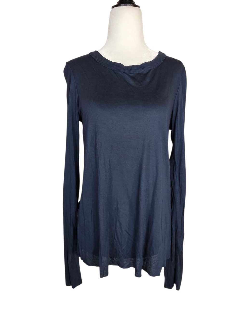 A.L.C. Unfinished hem lightweight open backLong Sleeve Crewneck Top in Navy Blue